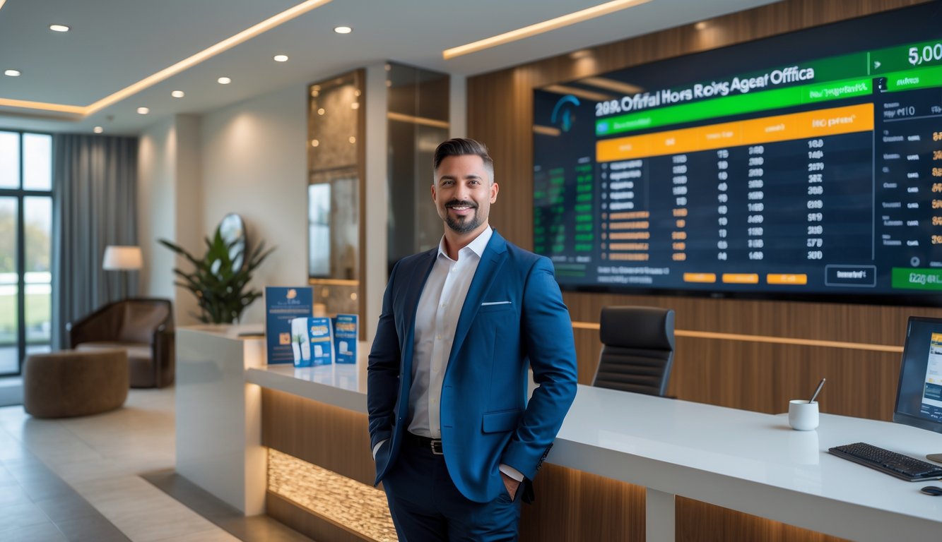 Seorang agen balap kuda berdiri di kantor modern dengan layar digital menampilkan statistik balapan dan promosi bonus member baru.