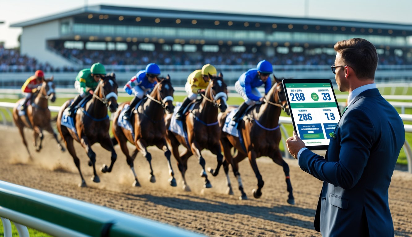 Seorang agen balap kuda resmi mengamati balapan kuda yang sedang berlangsung di arena balap dengan kuda dan joki yang sedang berlomba.
