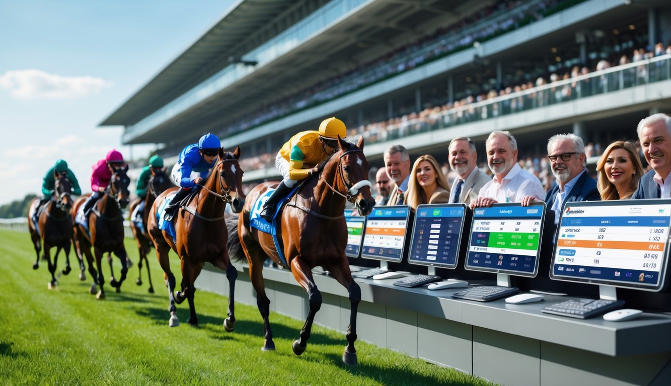 Beberapa kuda pacu sedang berlomba di lintasan dengan penonton dan petaruh yang memperhatikan layar taruhan secara langsung.