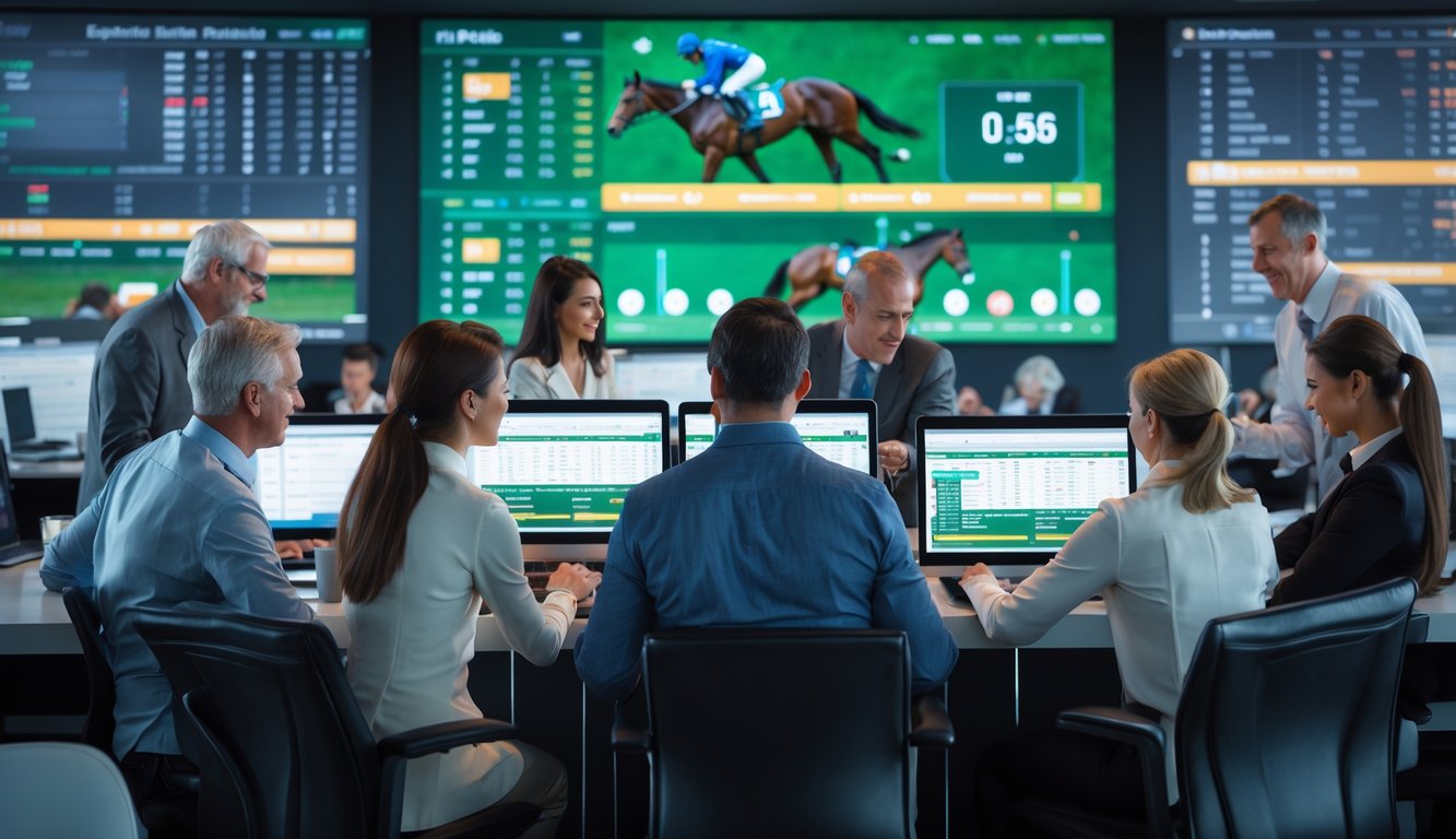 Sekelompok orang menggunakan perangkat digital untuk memasang taruhan langsung pada perlombaan kuda di ruang kantor modern.