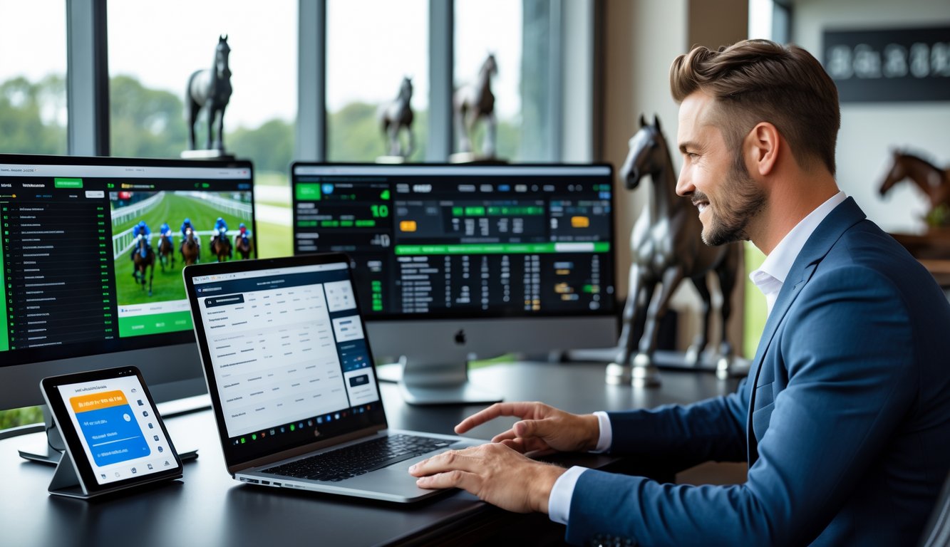 Seorang agen judi balap kuda internasional sedang berinteraksi dengan klien di kantor modern dengan layar komputer menampilkan data balap kuda dan perangkat pembayaran digital di meja.