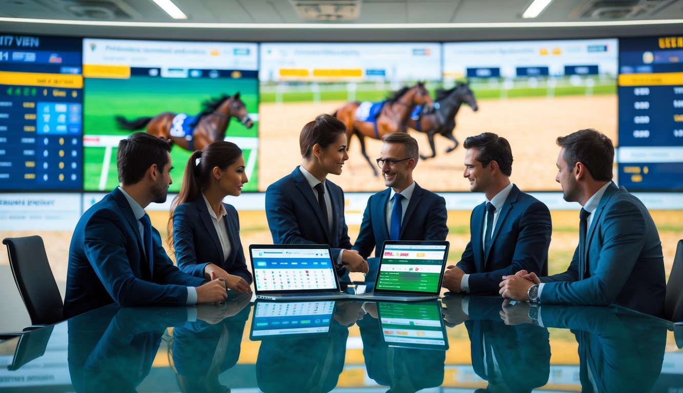 Sekelompok profesional sedang berdiskusi di kantor modern dengan perangkat digital menampilkan data balap kuda dan statistik taruhan secara real-time.