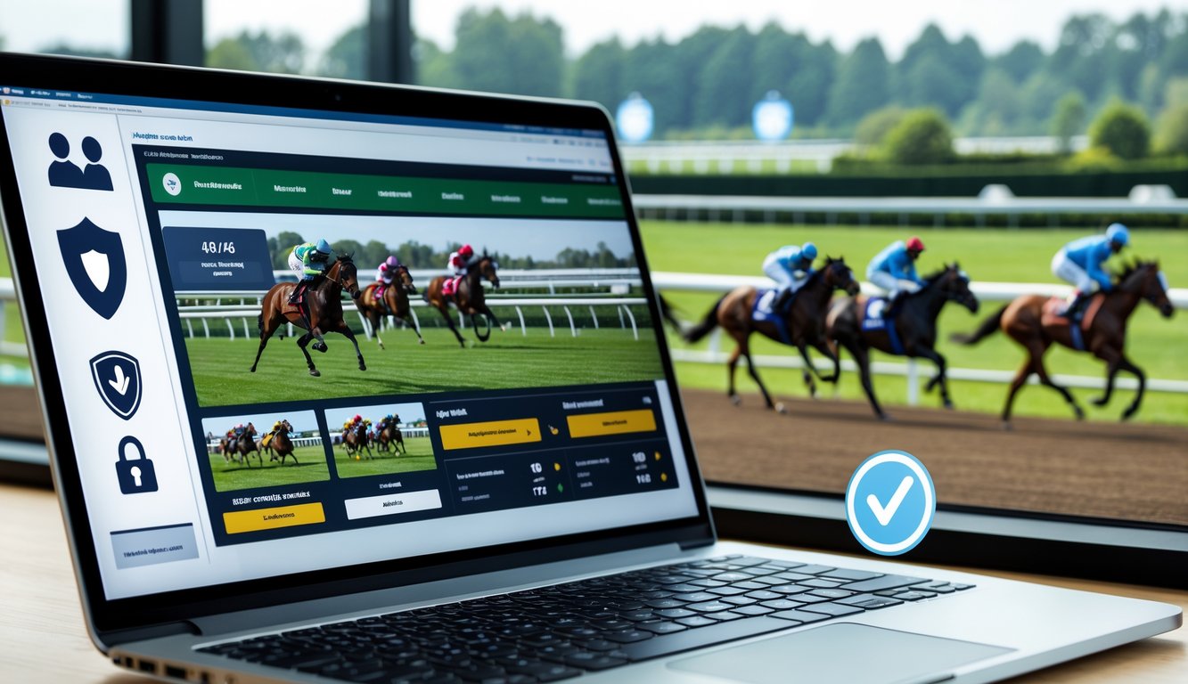 Seorang pengguna menggunakan komputer dengan tampilan situs taruhan balap kuda online, latar belakang menampilkan kuda balap sedang berlomba di lintasan.