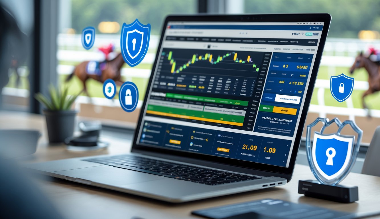 Seorang pengguna sedang melihat situs taruhan balap kuda resmi di layar laptop dengan latar belakang lintasan balap kuda.