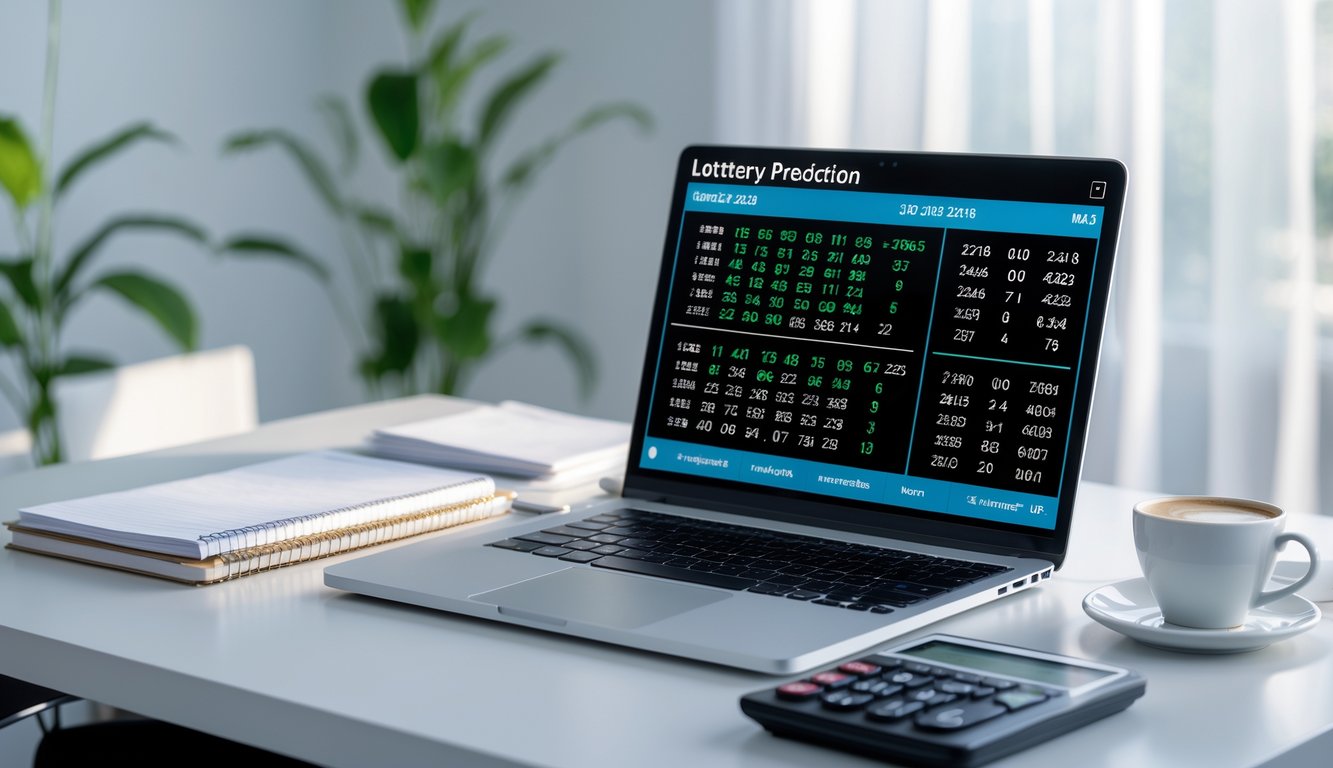 Meja kerja dengan laptop yang menampilkan data angka prediksi togel 2D, buku catatan, kalkulator, dan secangkir kopi.