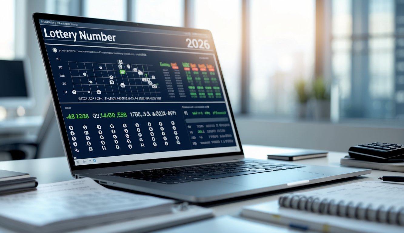 Suasana ruang kerja modern dengan laptop yang menampilkan data angka dan grafik, dikelilingi oleh buku catatan, pena, dan kalkulator di atas meja, dengan latar belakang kantor yang terang dan rapi.