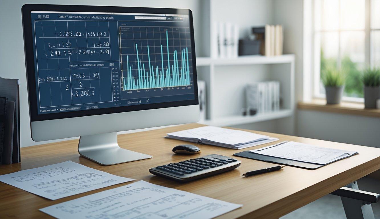 Meja kerja modern dengan komputer menampilkan rumus dan grafik angka, dilengkapi kertas data, kalkulator, dan pena dalam suasana kantor profesional.