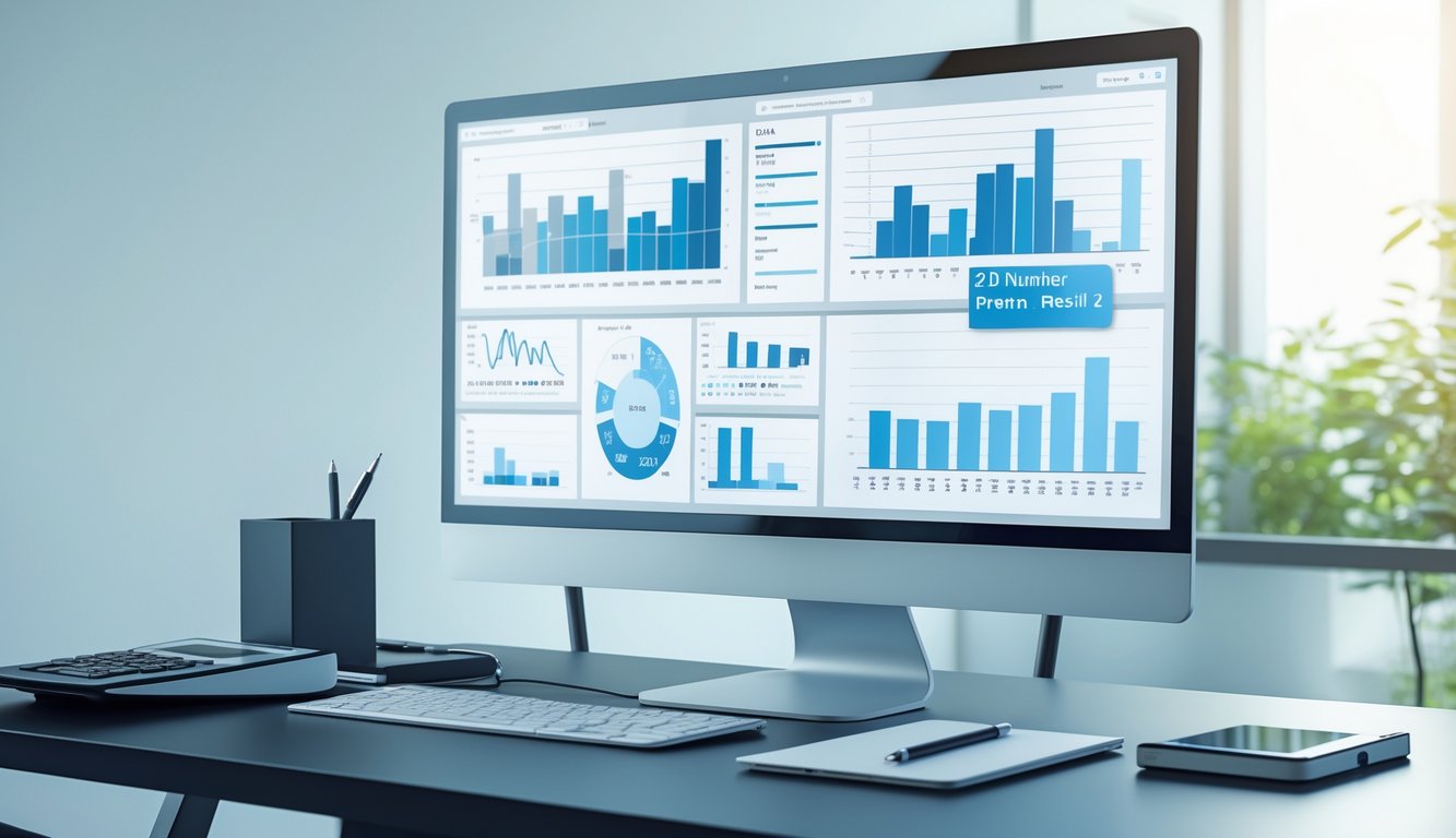 Meja kerja dengan komputer yang menampilkan grafik dan rumus angka, dilengkapi dengan buku catatan dan kalkulator.