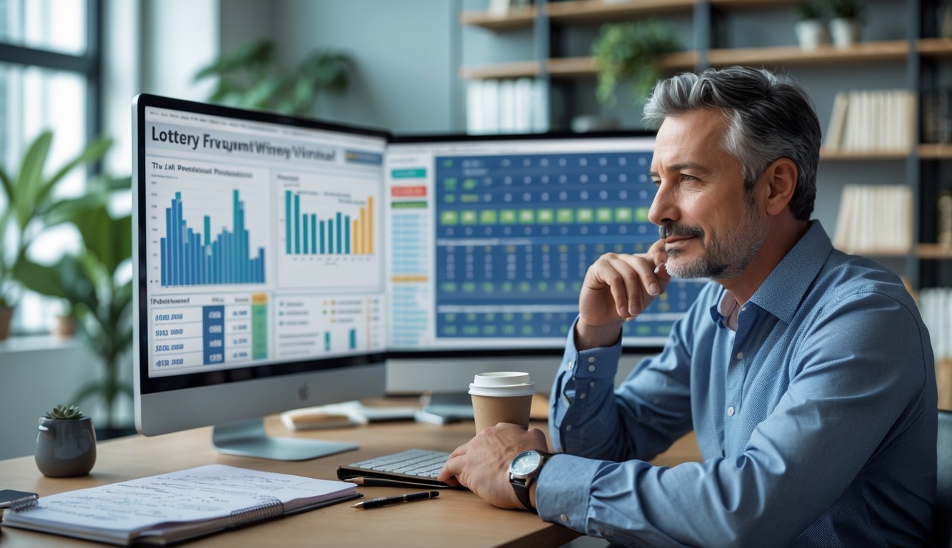 Seorang pria dewasa sedang duduk di meja kantor modern sambil menganalisis data pada layar komputer dengan catatan dan alat tulis di sekitarnya.