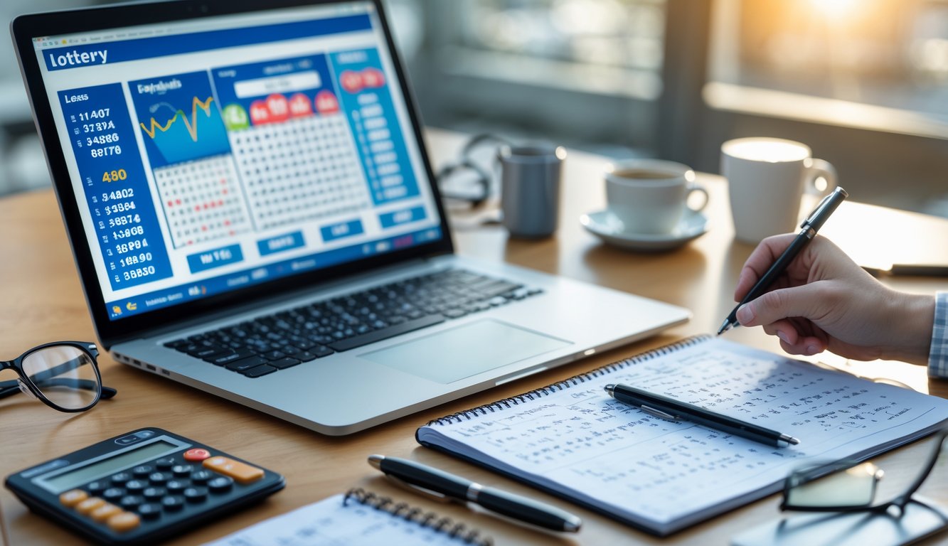 Seseorang duduk di meja kerja dengan laptop dan catatan, sedang menganalisis data angka togel.