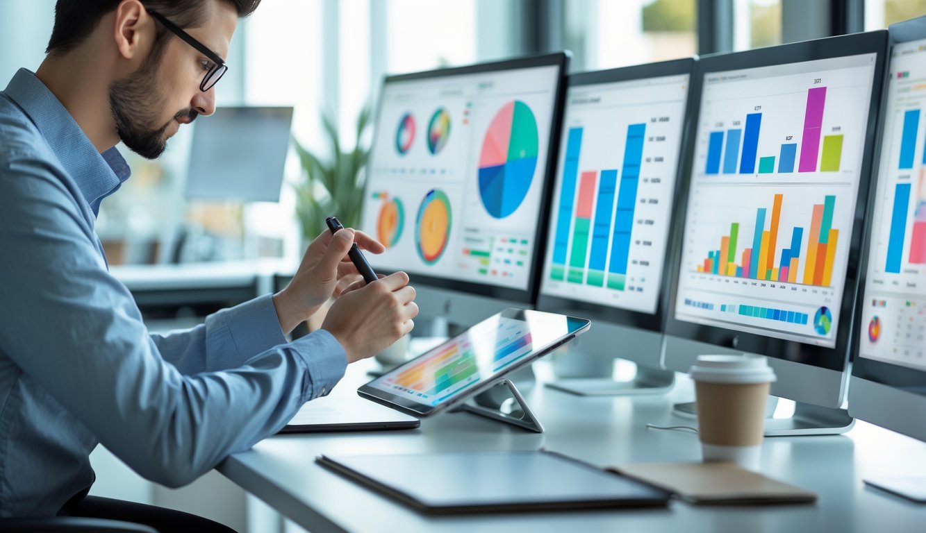 Seorang profesional sedang menganalisis data angka pada beberapa layar komputer di meja kerja modern.