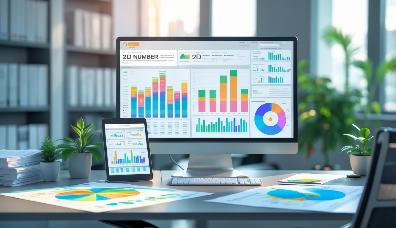 Meja kerja modern dengan komputer menampilkan grafik dan data angka, dilengkapi dengan dokumen dan tablet di sekitarnya, di ruangan kantor yang rapi dan terang.