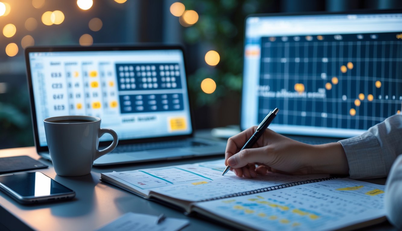 Sebuah meja kerja dengan laptop, buku catatan, dan pena, menunjukkan seseorang sedang menganalisis pola angka di malam hari.