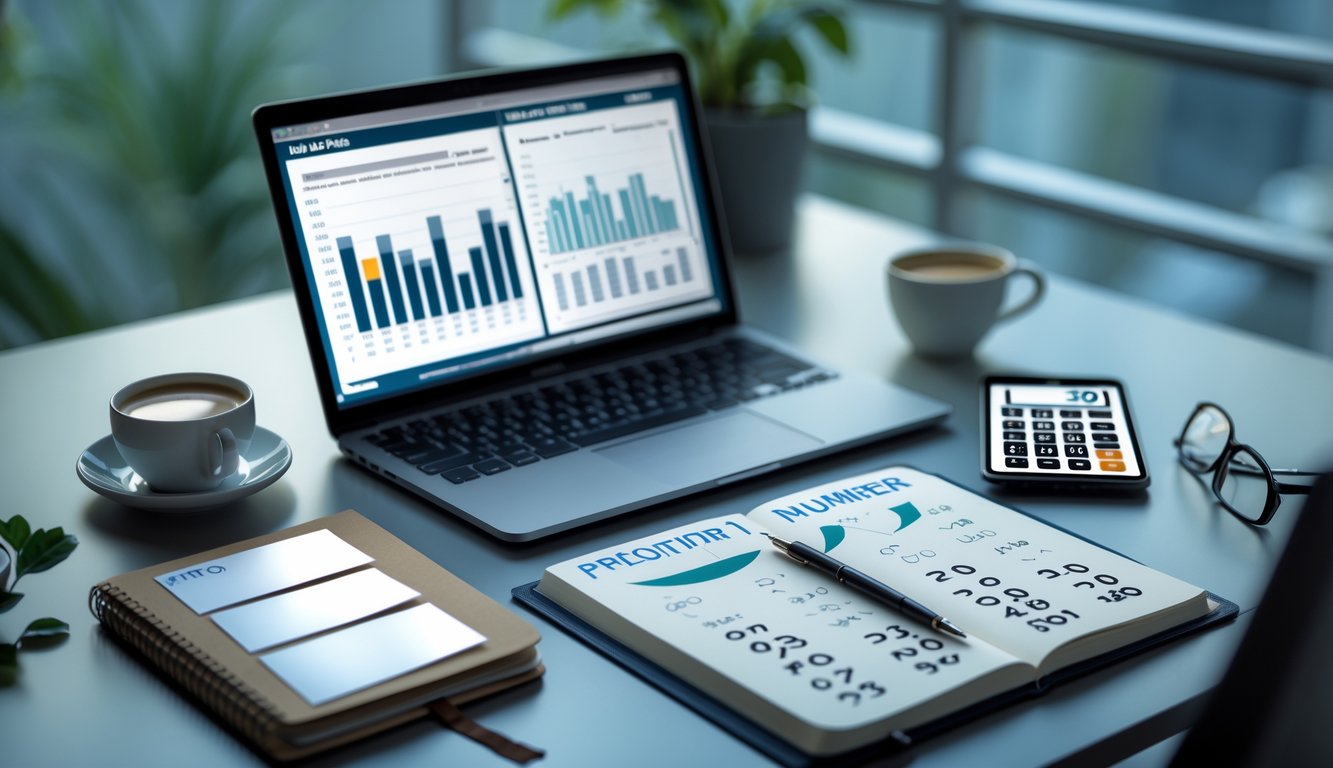 Meja kerja dengan laptop, buku catatan, dan alat tulis yang digunakan untuk menganalisis dan memprediksi angka togel 2D malam ini.