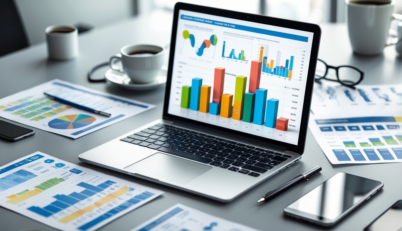 Meja kerja dengan laptop yang menampilkan grafik 2D dan data statistik, serta kertas dan pena di sekitarnya.