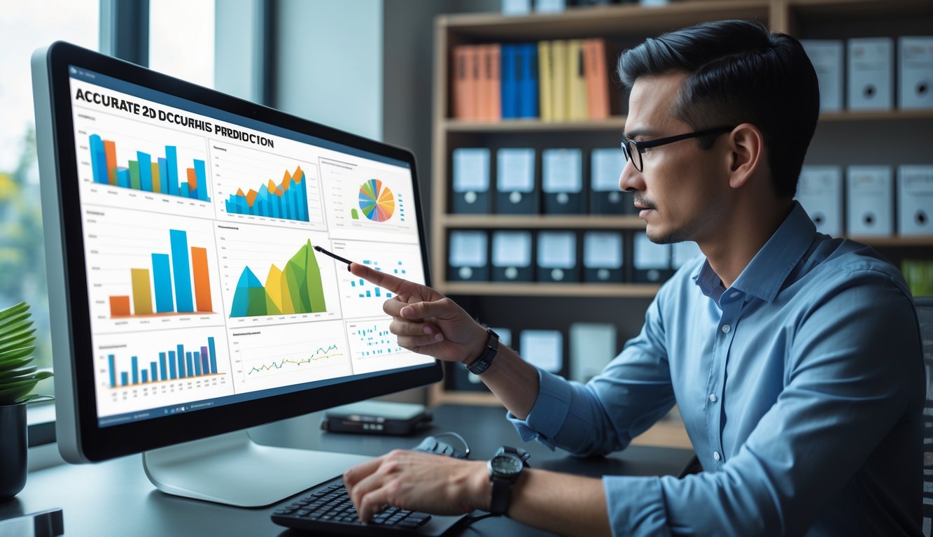 Seorang analis data sedang bekerja dengan grafik 2D dan data statistik di layar komputer di kantor modern.