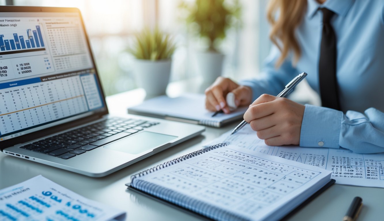 Seseorang sedang menganalisis data angka togel di meja kerja dengan laptop dan catatan.