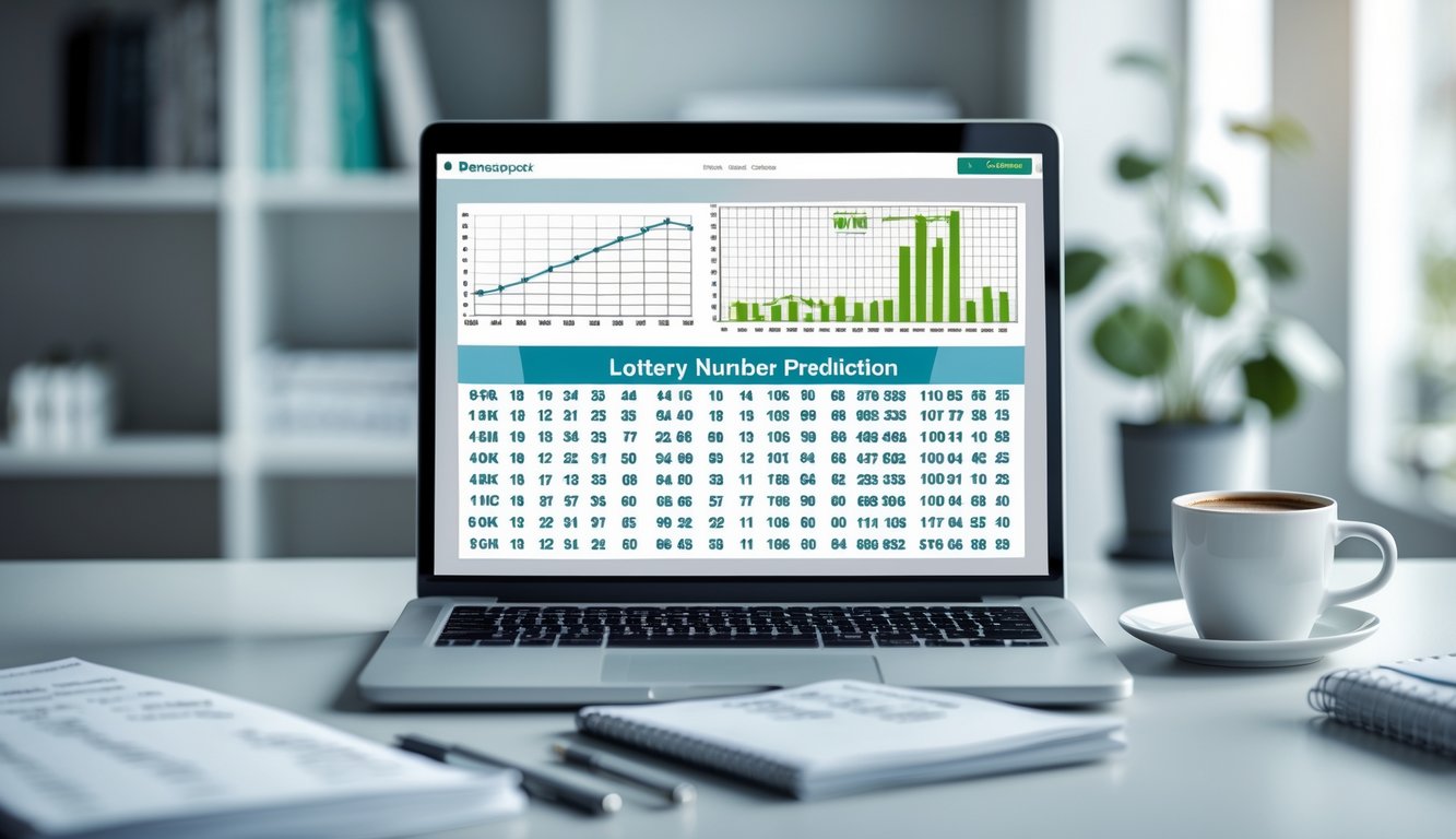 Meja kerja dengan laptop, buku catatan, pena, dan cangkir kopi di ruangan yang terang dan rapi.