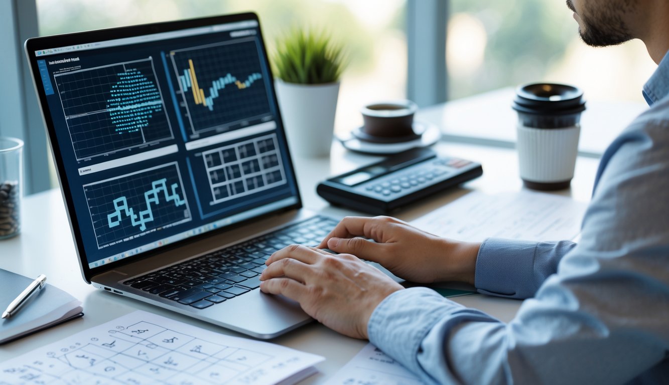 Seseorang sedang bekerja dengan laptop dan kalkulator di meja kerja yang rapi, fokus pada pola angka dan rumus sederhana.