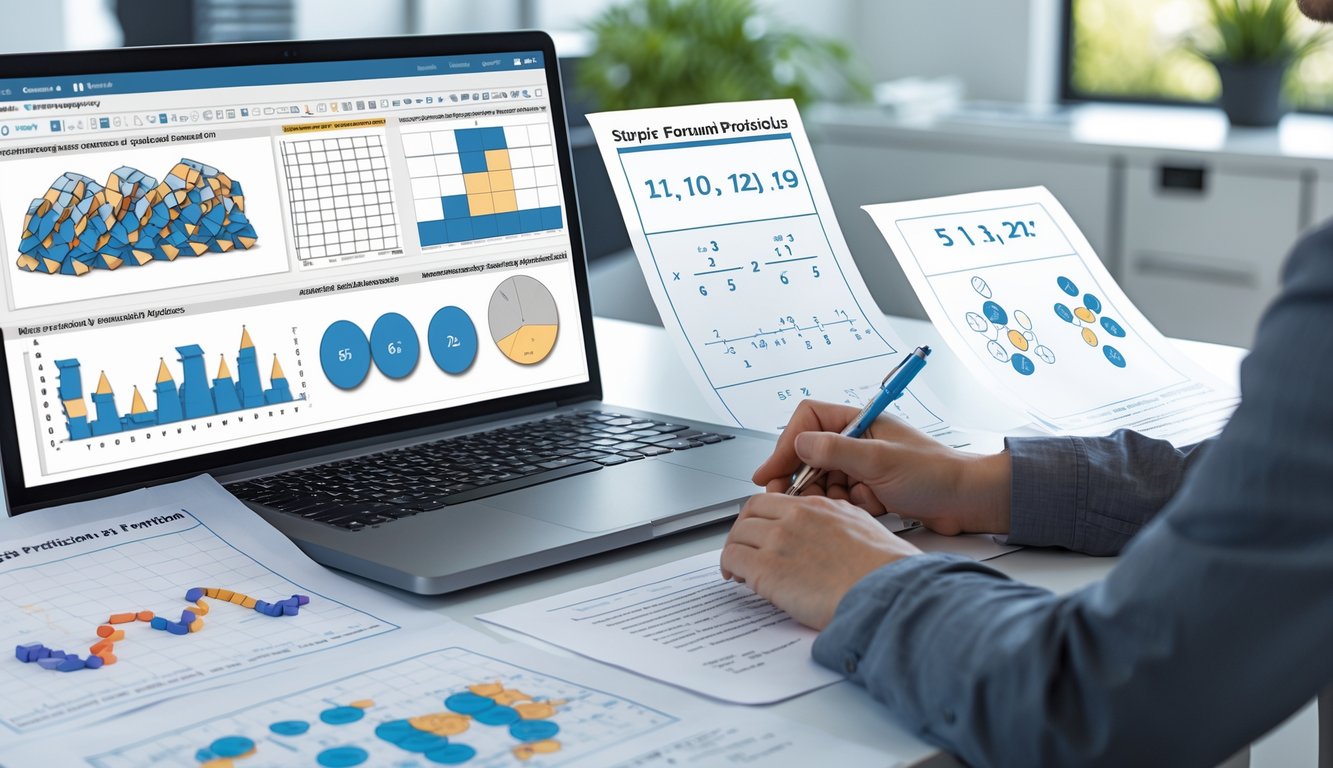 Meja kerja dengan laptop dan kertas berisi pola angka dan rumus, tangan seseorang menunjuk dan mengetik di laptop.
