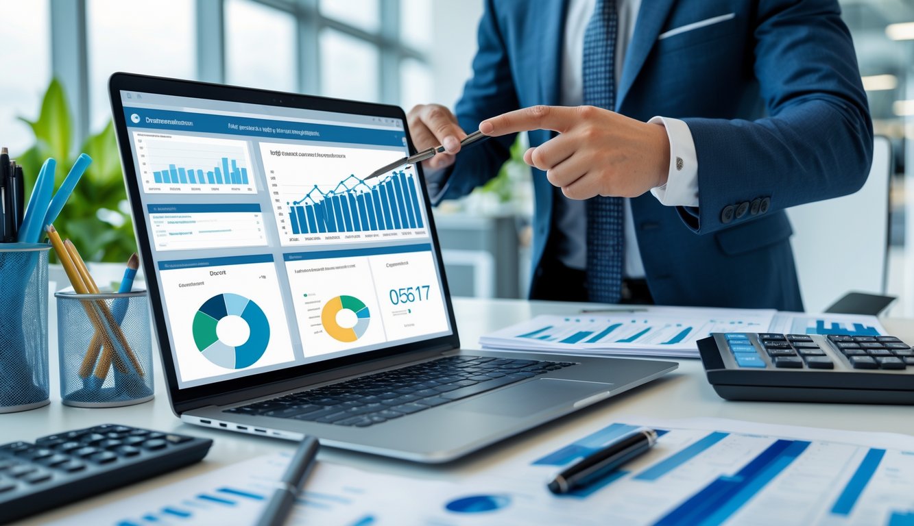 Seorang profesional sedang menunjukkan data angka pada layar laptop di ruang kantor yang terang dan rapi.