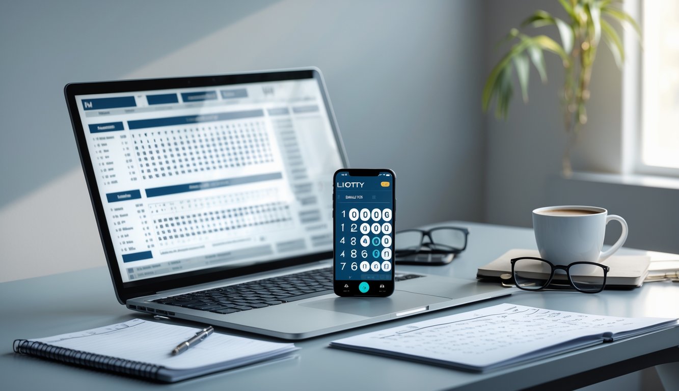 Meja kerja modern dengan laptop, smartphone, dan catatan yang menunjukkan aktivitas prediksi angka togel.