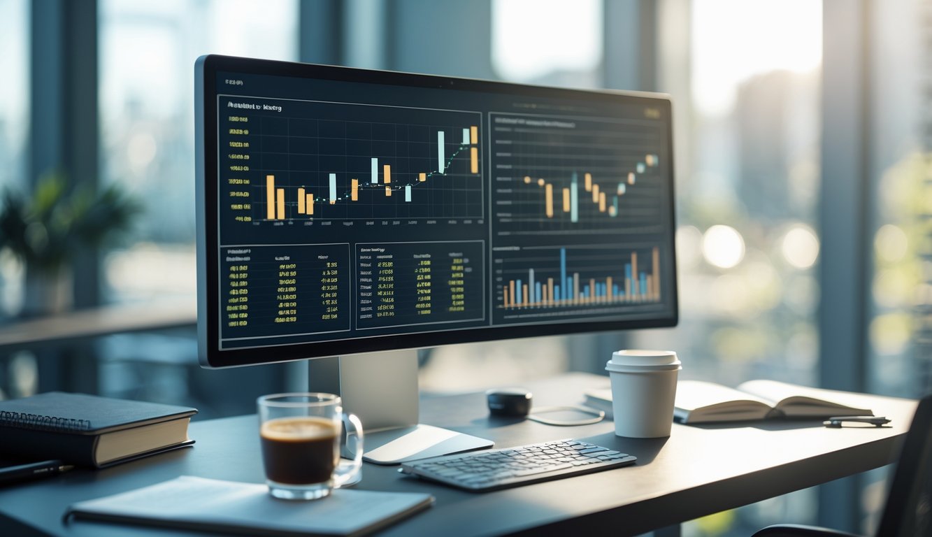 Sebuah ruang kerja modern dengan komputer yang menampilkan tabel dan grafik angka untuk analisa prediksi.