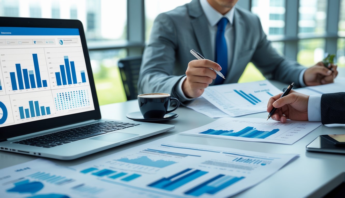 Sebuah ruang kerja modern dengan meja yang memiliki laptop, tabel angka, dan seseorang yang sedang menganalisis data.