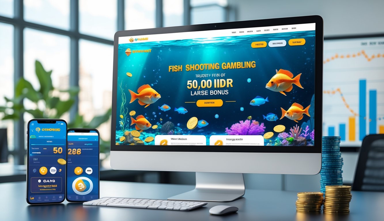 Seseorang menggunakan komputer dan ponsel untuk bermain permainan tembak ikan dengan latar belakang kantor modern yang terang.