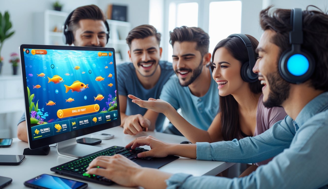 Sekelompok orang muda sedang bermain game tembak ikan di komputer dengan ekspresi senang dan fokus di ruang tamu yang terang.