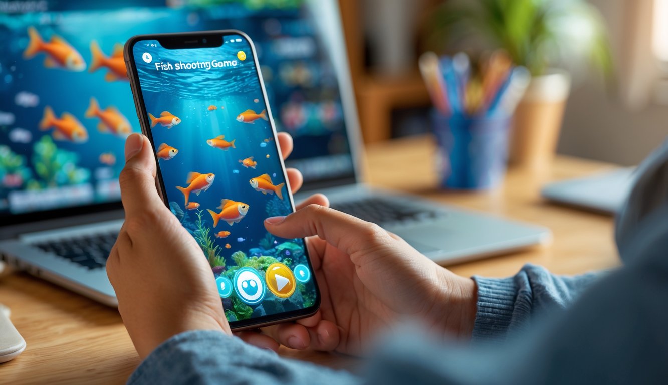 Seseorang memegang smartphone yang menampilkan permainan tembak ikan online dengan latar belakang suasana rumah yang nyaman.