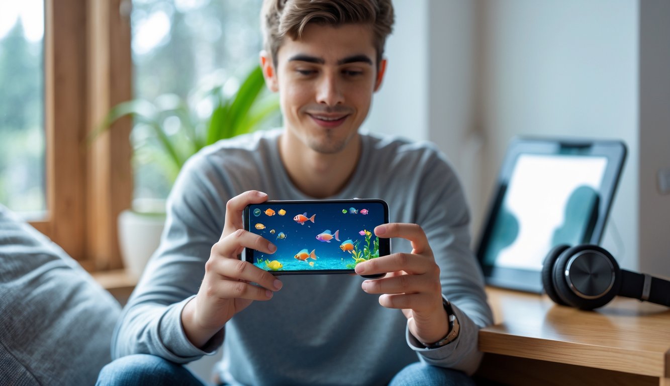 Seorang dewasa muda sedang bermain game tembak ikan online di ponsel di sebuah ruangan yang terang dan nyaman.