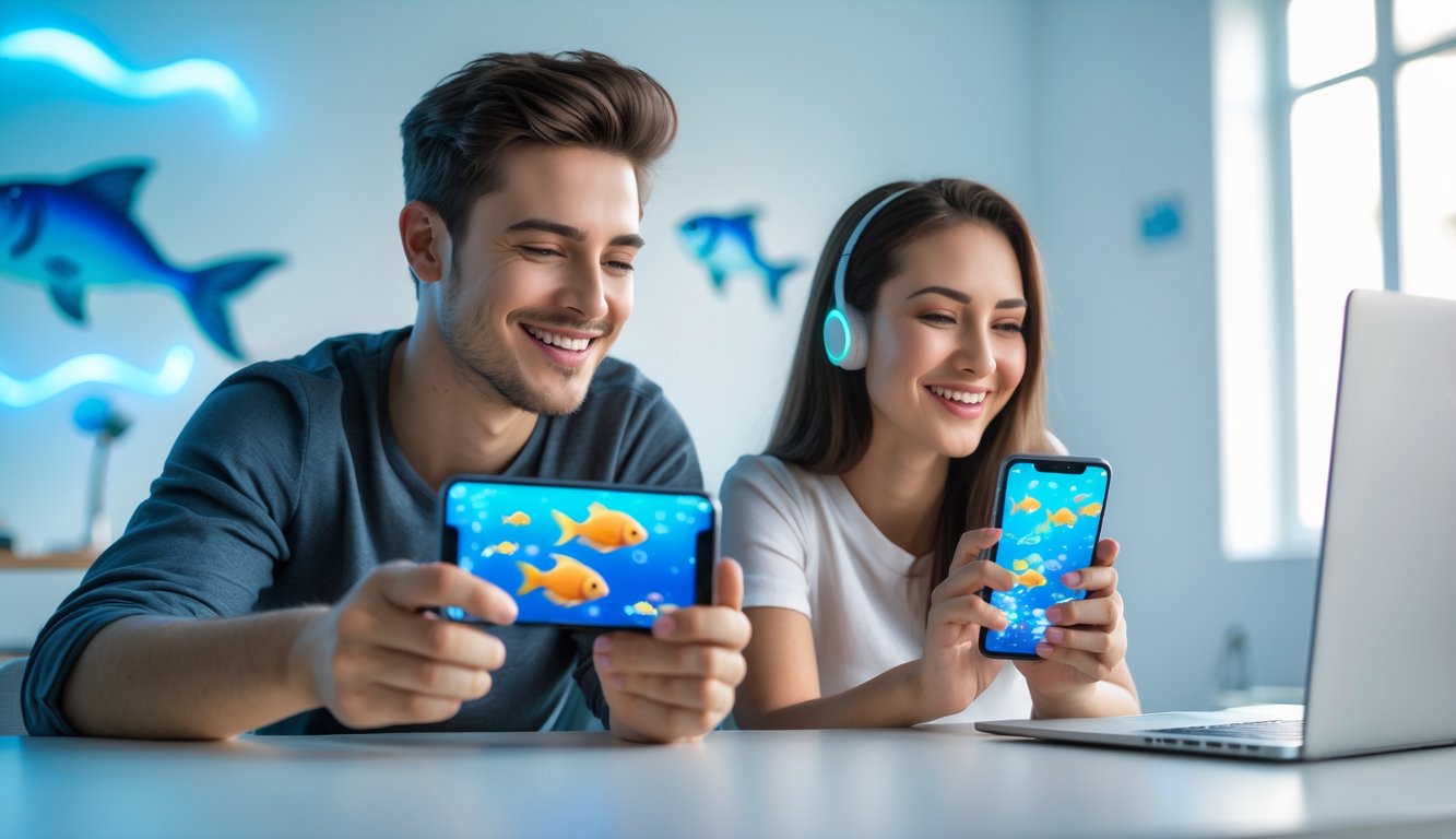 Dua orang muda sedang bermain game tembak ikan di ponsel mereka di dalam ruangan yang terang dan nyaman.