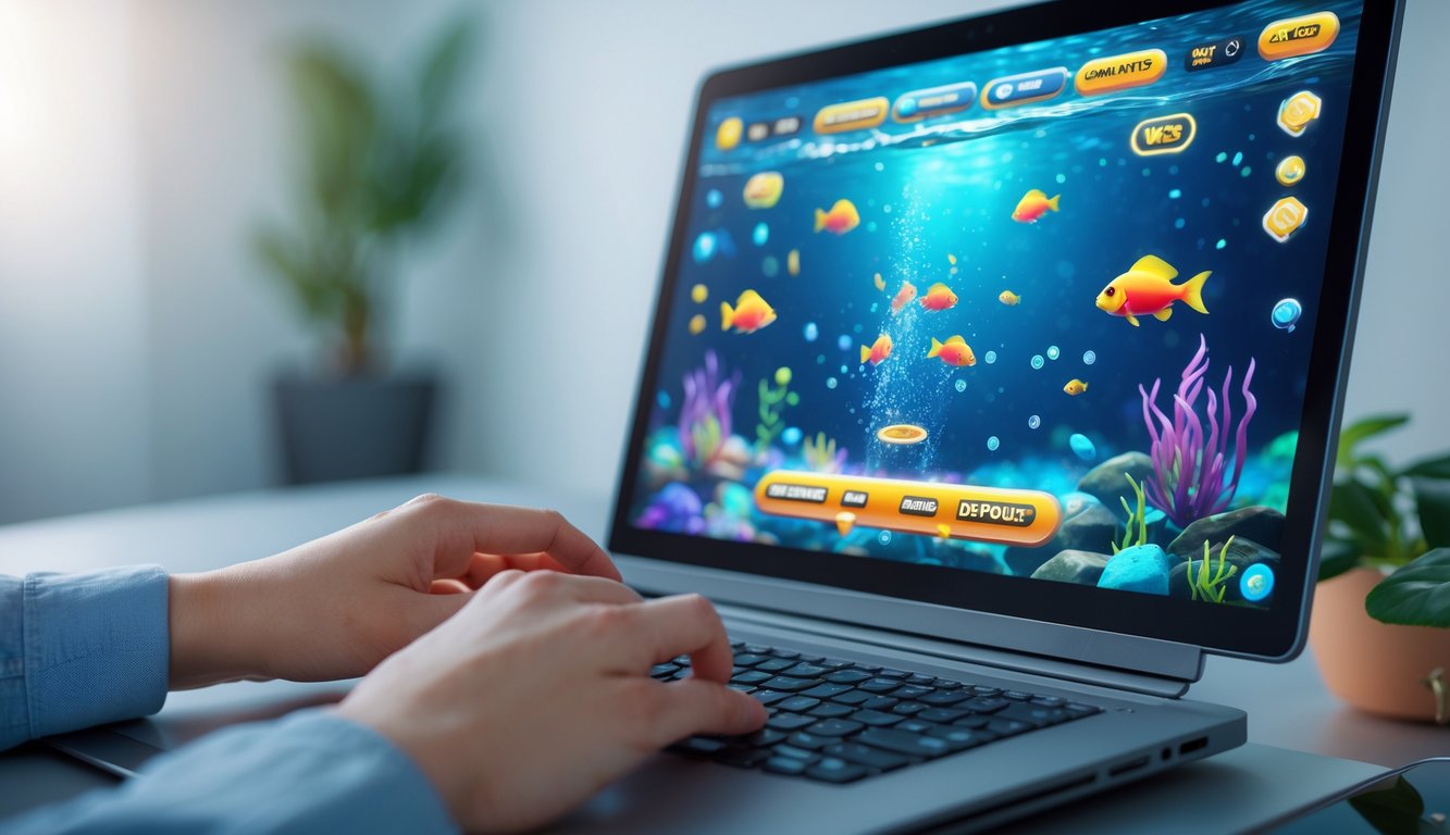 Seseorang menggunakan komputer dengan tampilan game tembak ikan berwarna-warni di layar.