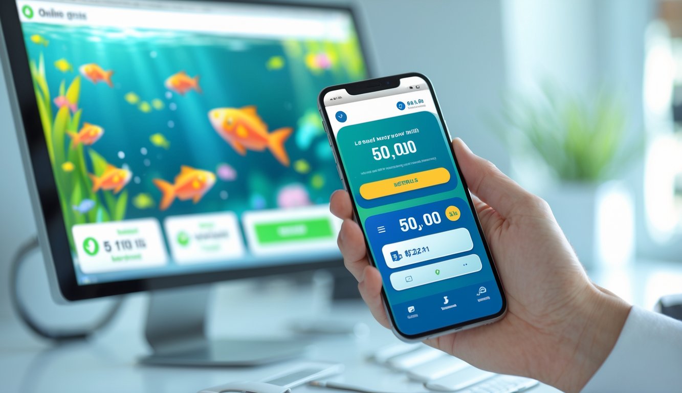 Tangan seseorang memegang ponsel dengan aplikasi e-wallet yang menampilkan saldo 50 ribu rupiah, dengan latar belakang permainan tembak ikan online yang berwarna-warni.