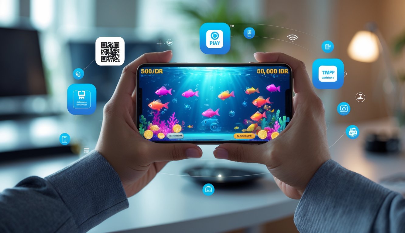 Tangan memegang smartphone yang menampilkan permainan tembak ikan dengan ikon pembayaran e-wallet di latar belakang.