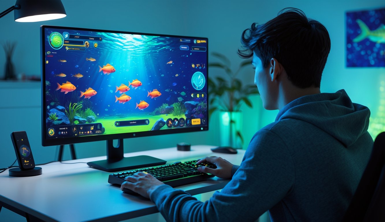 Seorang pemain muda sedang bermain game tembak ikan di komputer dengan latar ruangan kantor rumah yang bersih dan pencahayaan biru hijau.