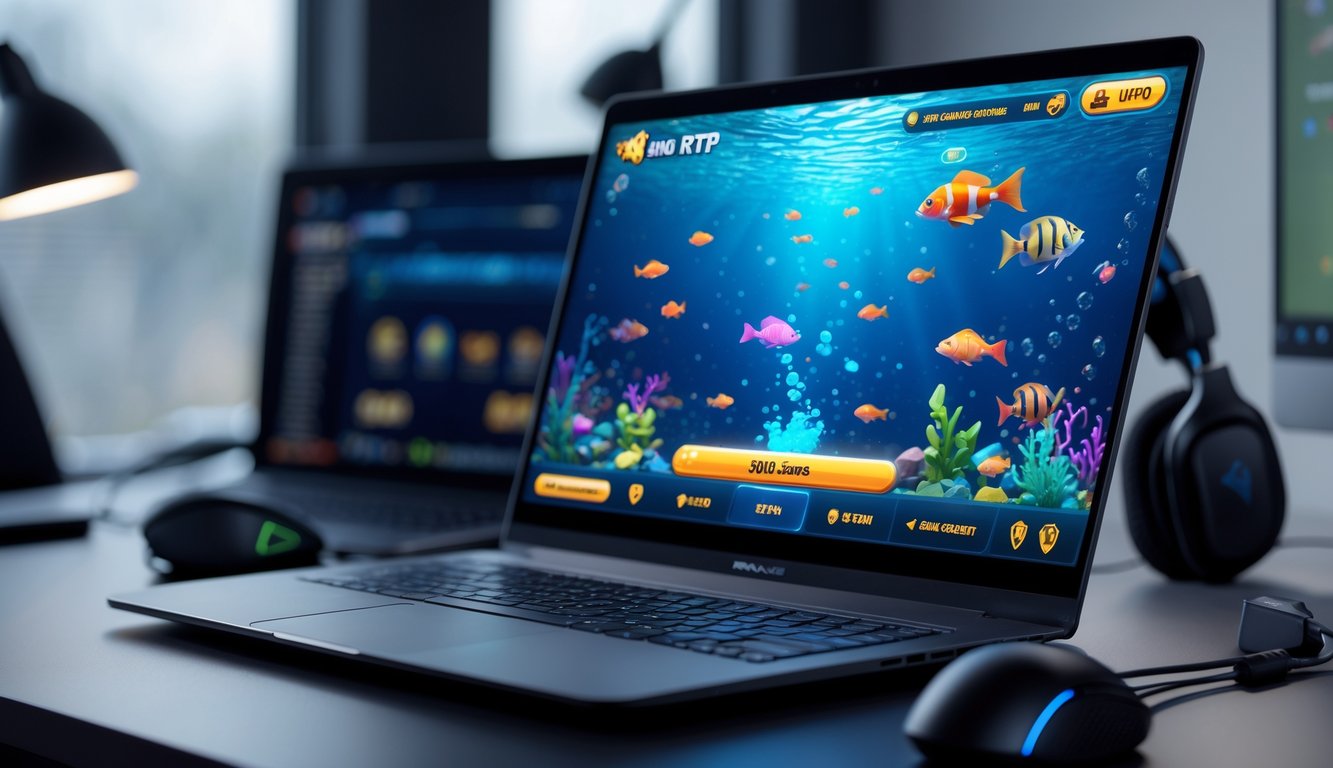 Seseorang bermain game tembak ikan di komputer dengan latar meja kerja yang rapi dan perlengkapan gaming.
