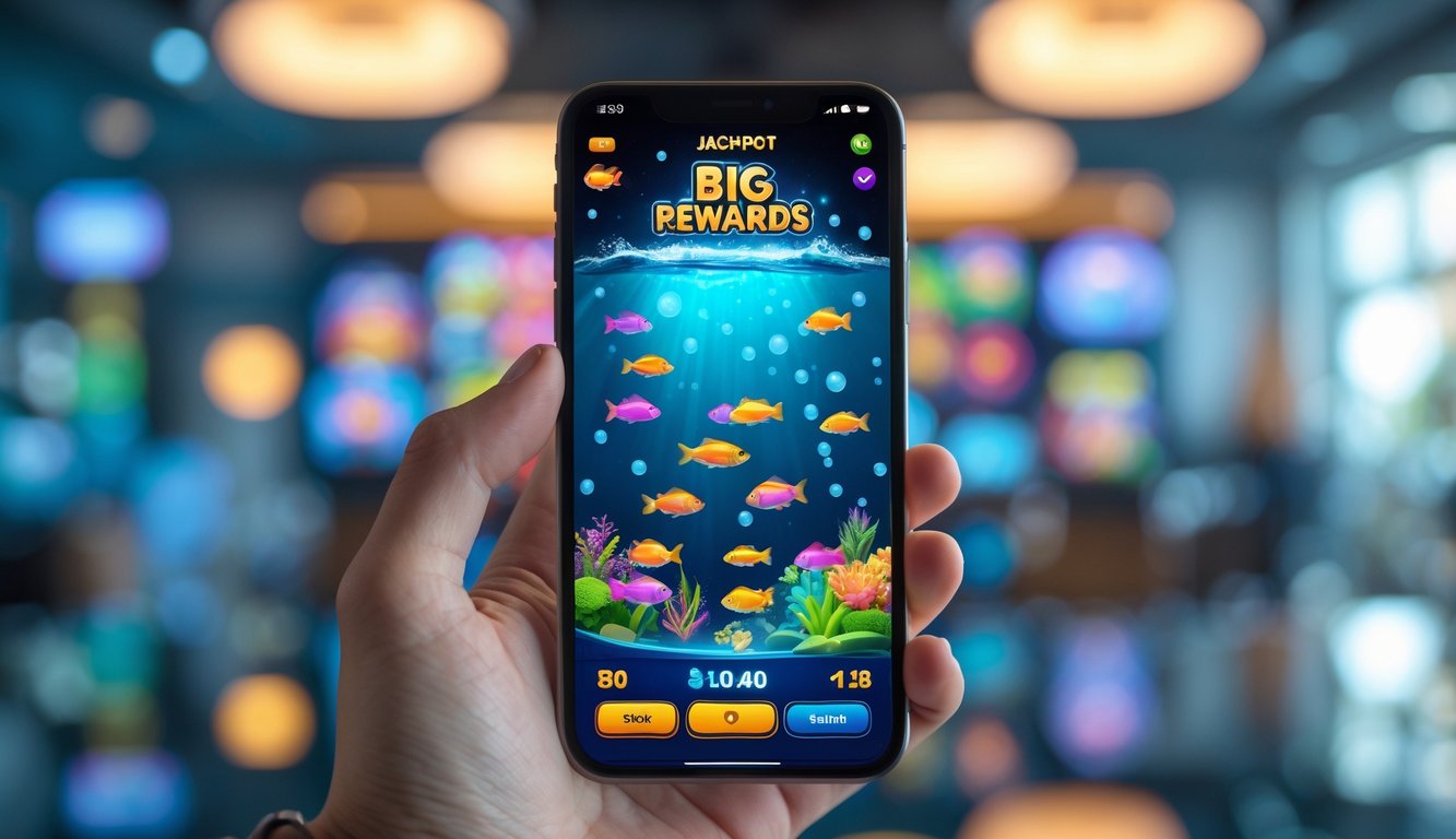 Seseorang memegang ponsel yang menampilkan permainan tembak ikan dengan ikan berwarna-warni dan ikon jackpot di layar.