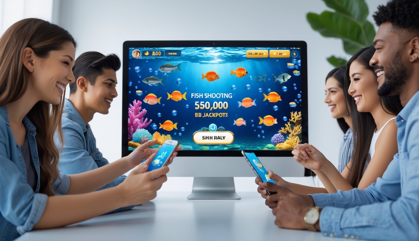 Sekelompok orang muda bermain game tembak ikan di perangkat digital dengan latar belakang tema bawah laut berwarna-warni.