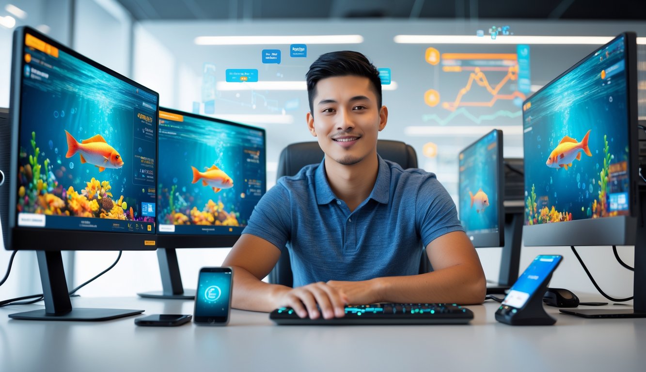 Seorang pria muda duduk di meja kerja dengan beberapa layar komputer menampilkan permainan tembak ikan, di sekitarnya terdapat ponsel dan alat pembayaran, menunjukkan transaksi cepat dan aman.