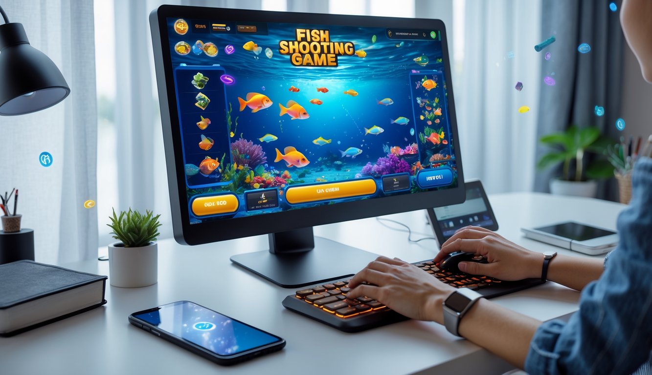Seseorang bermain permainan tembak ikan di komputer dengan suasana ruang kerja yang rapi dan perangkat digital di meja.