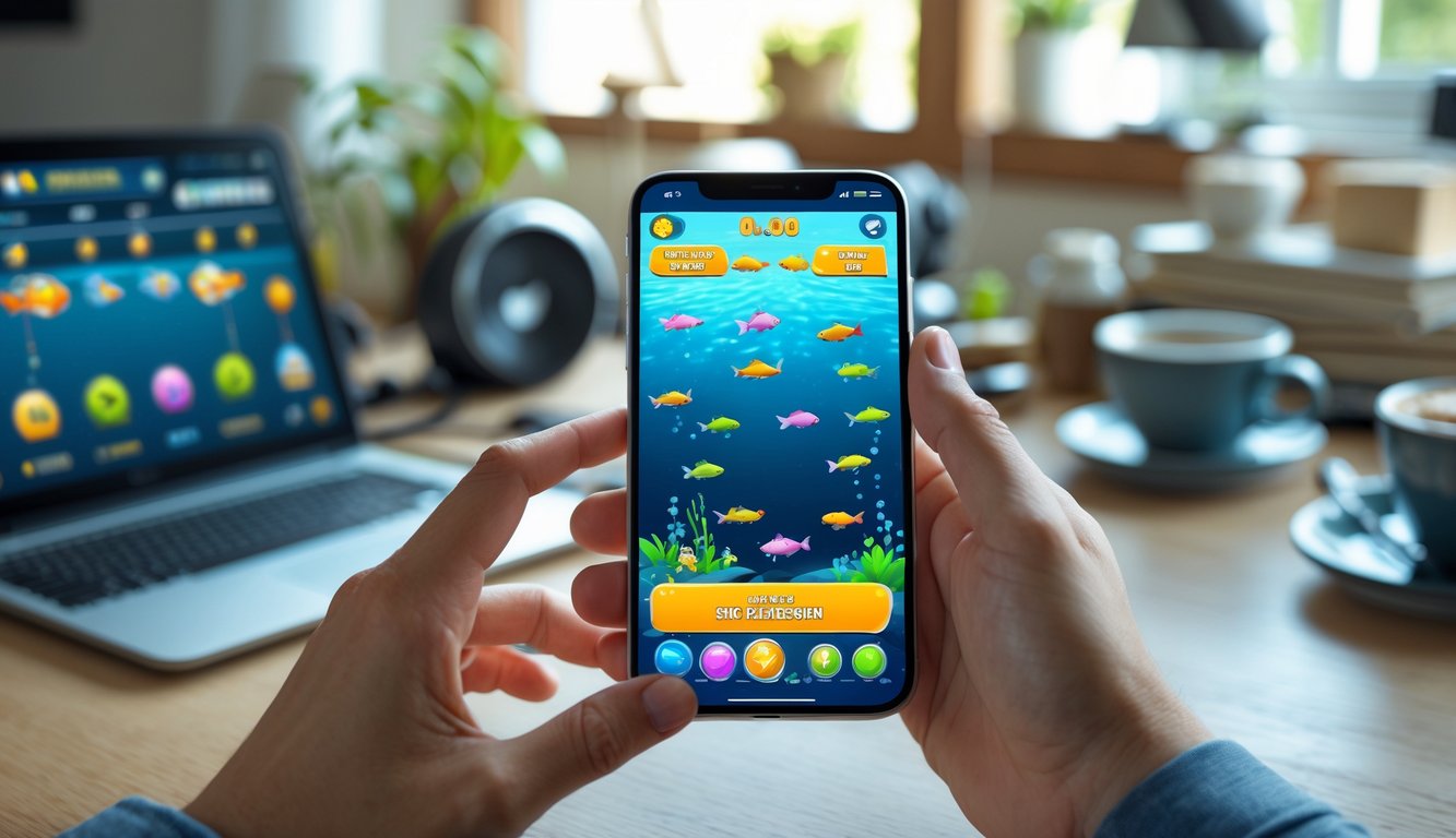 Seseorang memegang smartphone yang menampilkan permainan memancing ikan dengan latar belakang ruang kerja yang nyaman.
