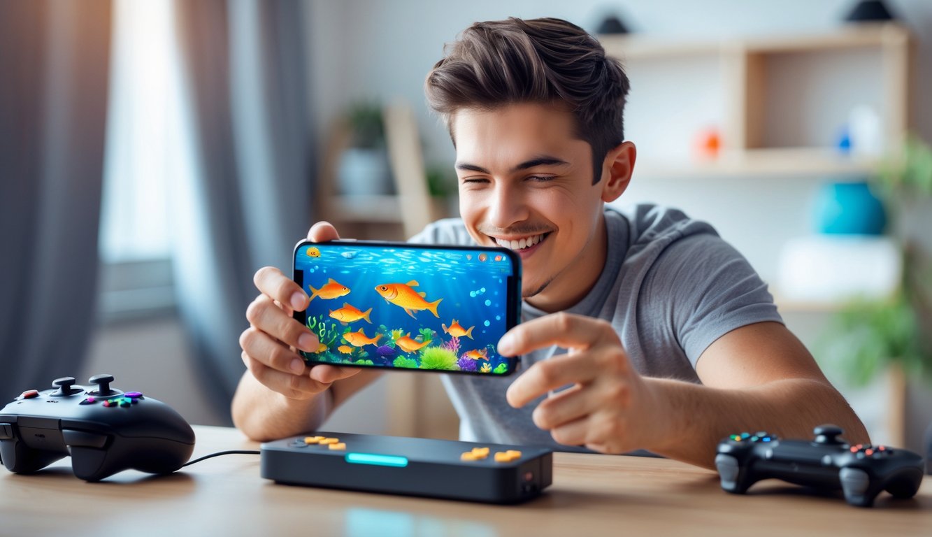 Seorang pria muda bermain game tembak ikan di ponsel dengan ekspresi fokus dan senang di ruangan yang nyaman.