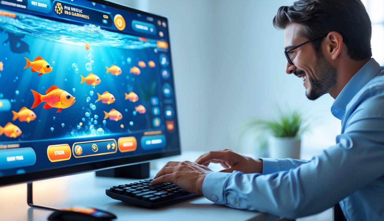 Seseorang sedang bermain game tembak ikan di perangkat digital dengan ikan berwarna-warni di layar.