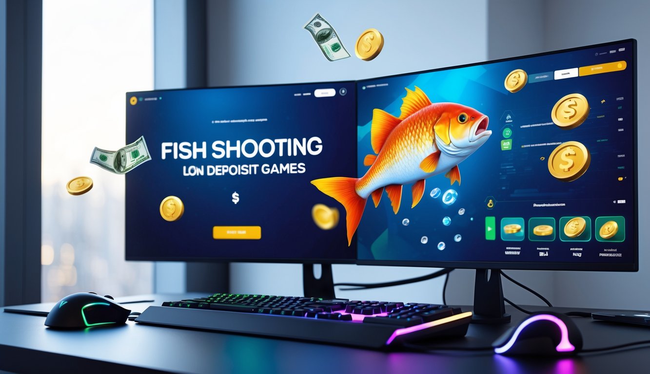 Sebuah meja dengan komputer menampilkan permainan tembak ikan online dan ikon uang serta cashback di sekitarnya.