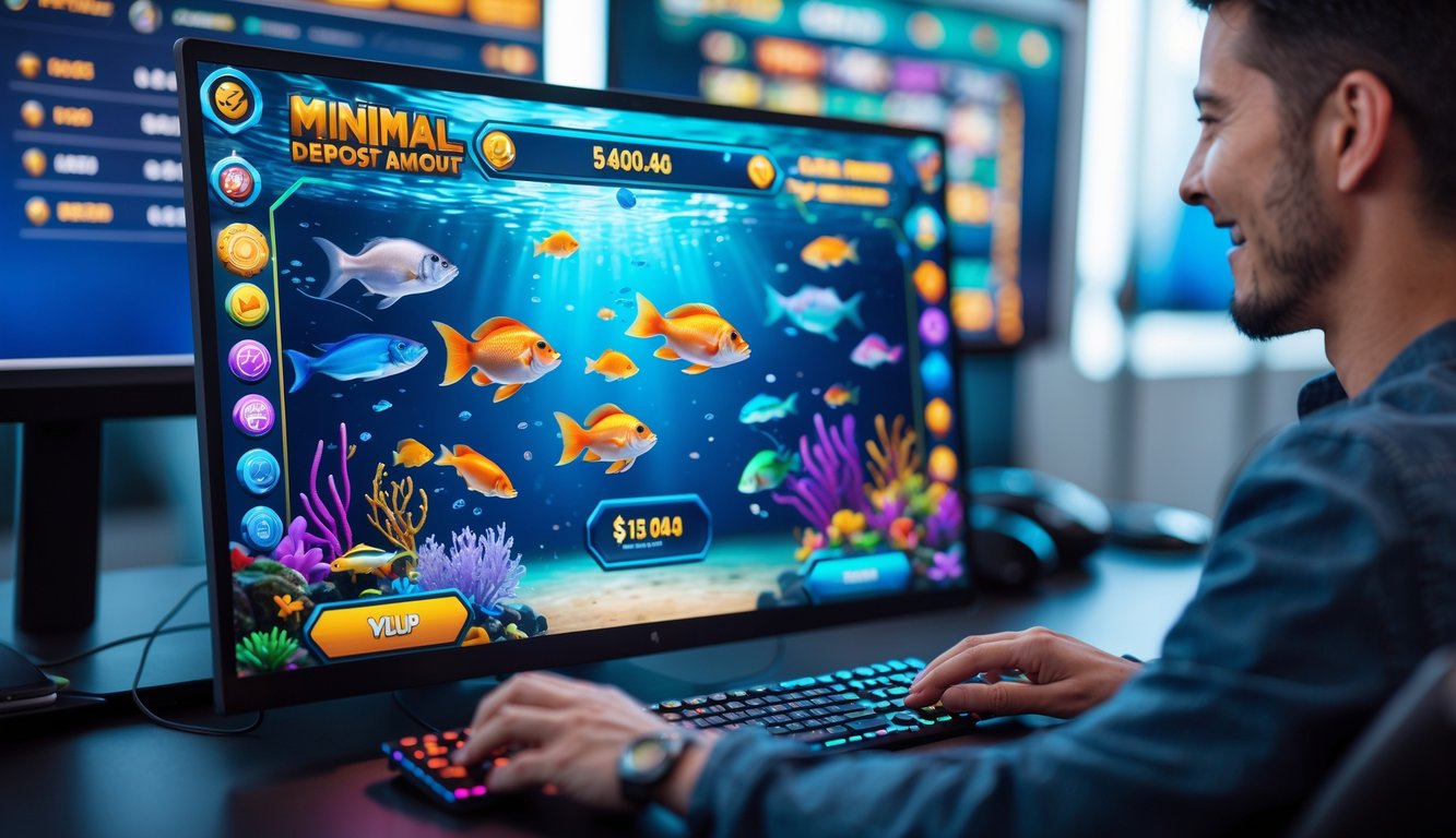 Seseorang bermain game tembak ikan di komputer dengan gambar ikan berwarna-warni di layar.