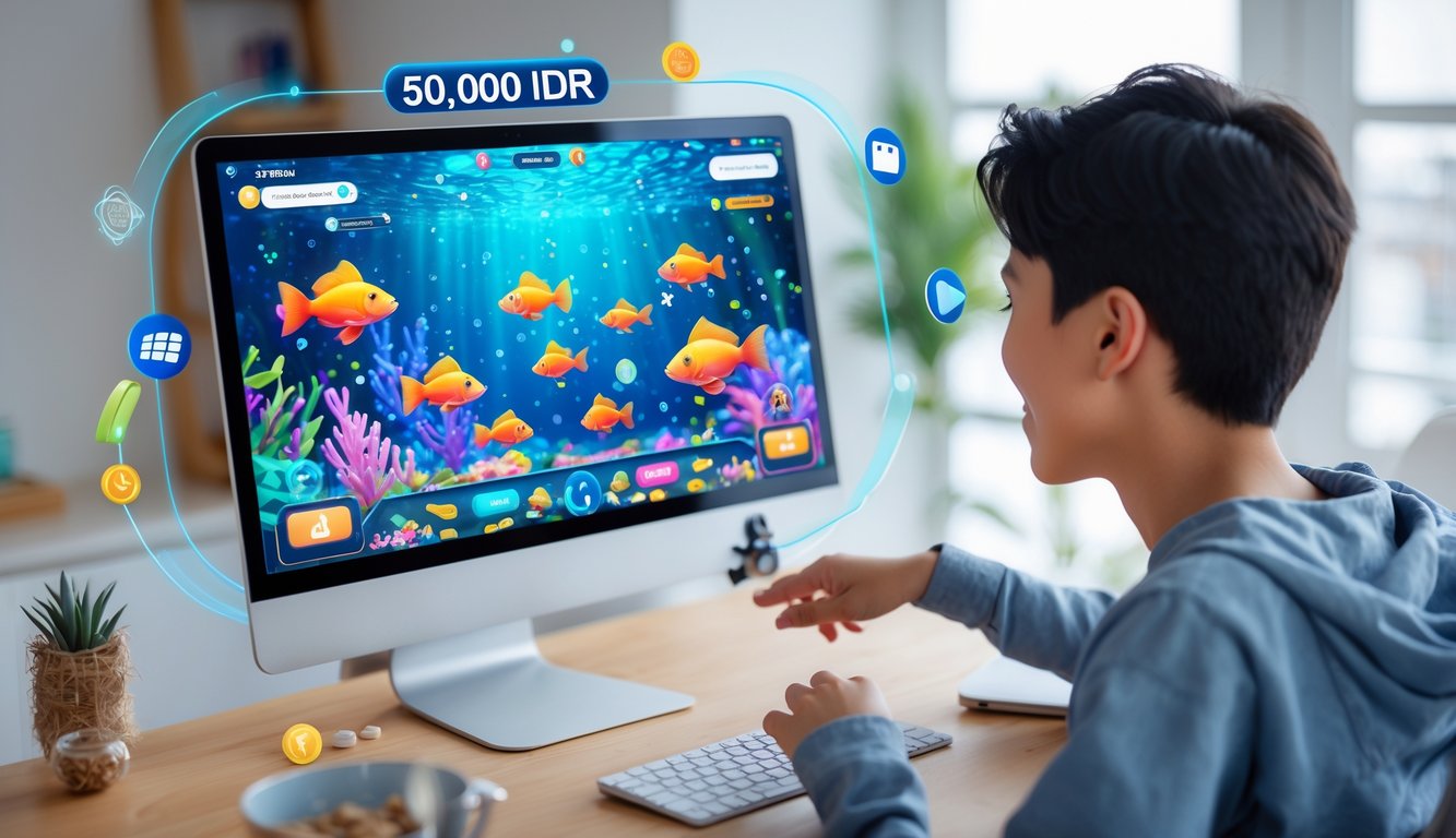 Seseorang sedang bermain game tembak ikan di perangkat digital dengan latar belakang grafis bawah laut warna-warni.