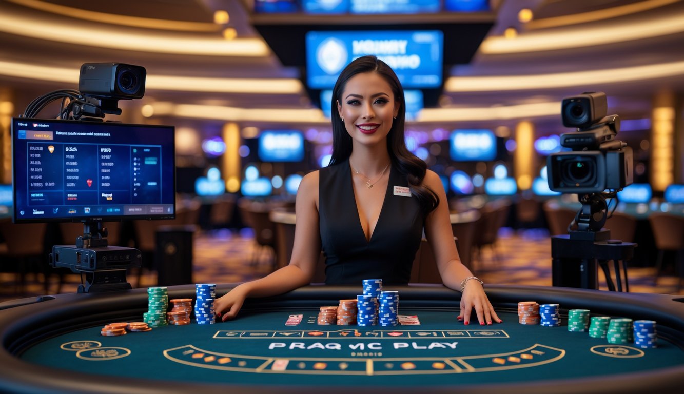 Suasana kasino langsung dengan dealer profesional dan peralatan streaming di meja permainan.