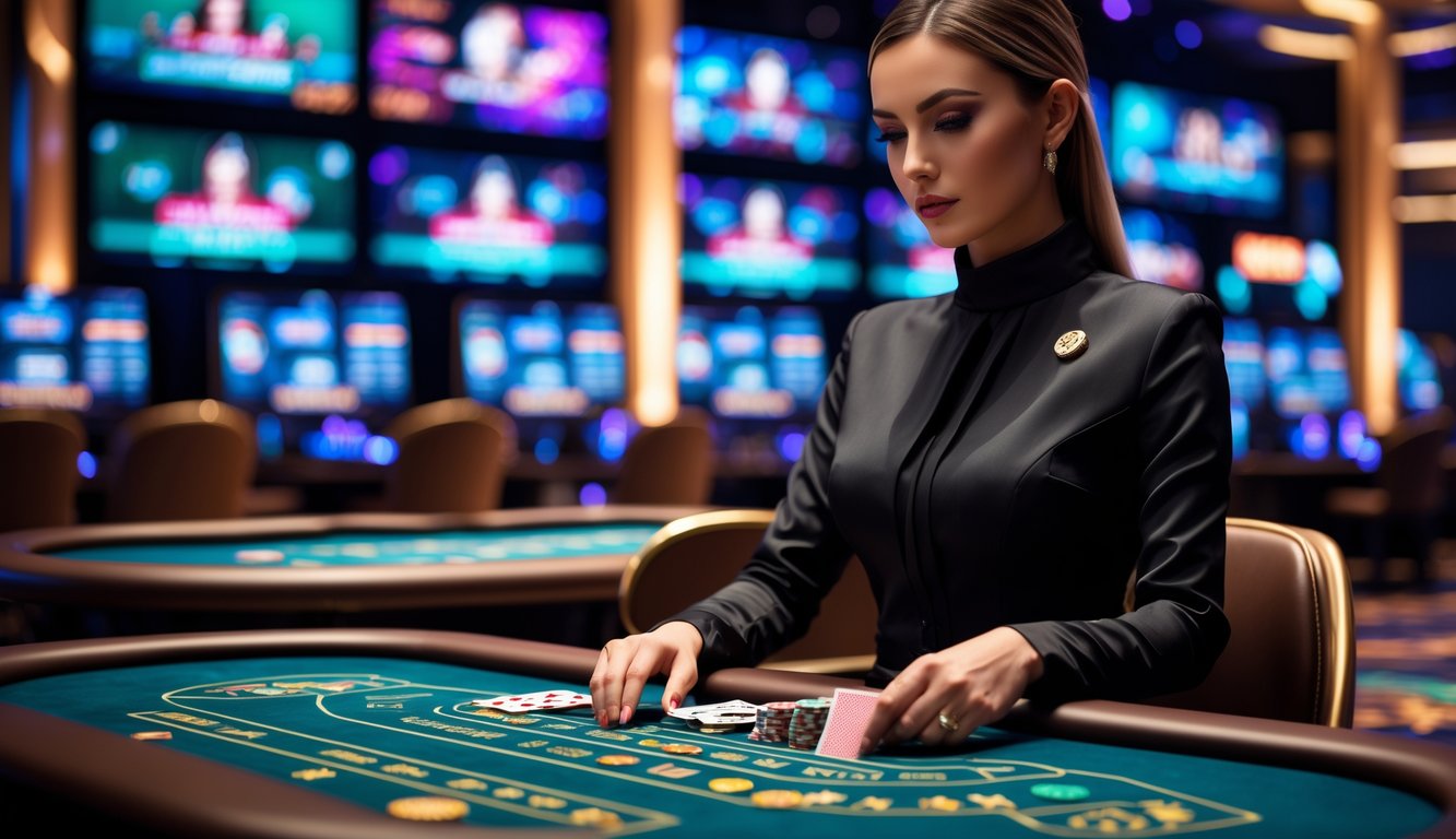 Seorang dealer wanita sedang membagikan kartu di meja kasino dengan layar streaming langsung di latar belakang.